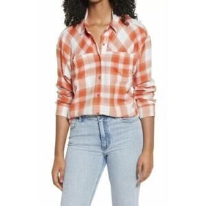BP‎ Women's High/Low Plaid Button Up Shirt Rust Ivory Bill Plaid Small MSRP $39